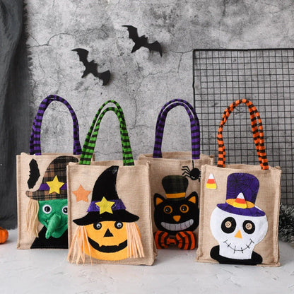 Halloween themed tote bag for kids featuring witch, skull, and pumpkin designs