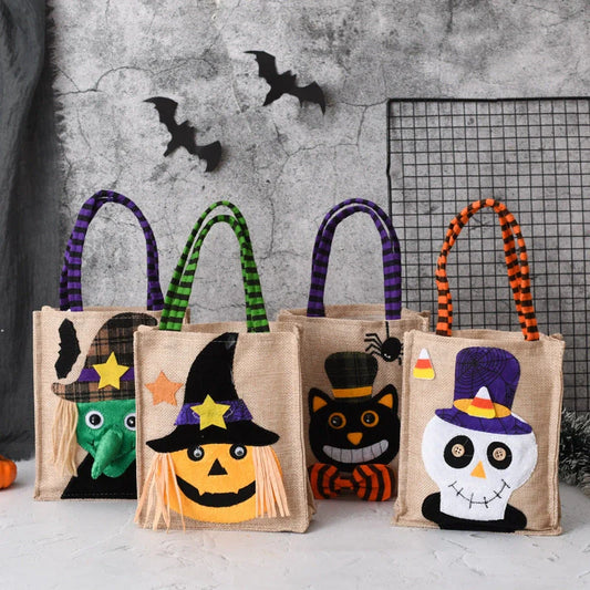 Halloween themed tote bag for kids featuring witch, skull, and pumpkin designs