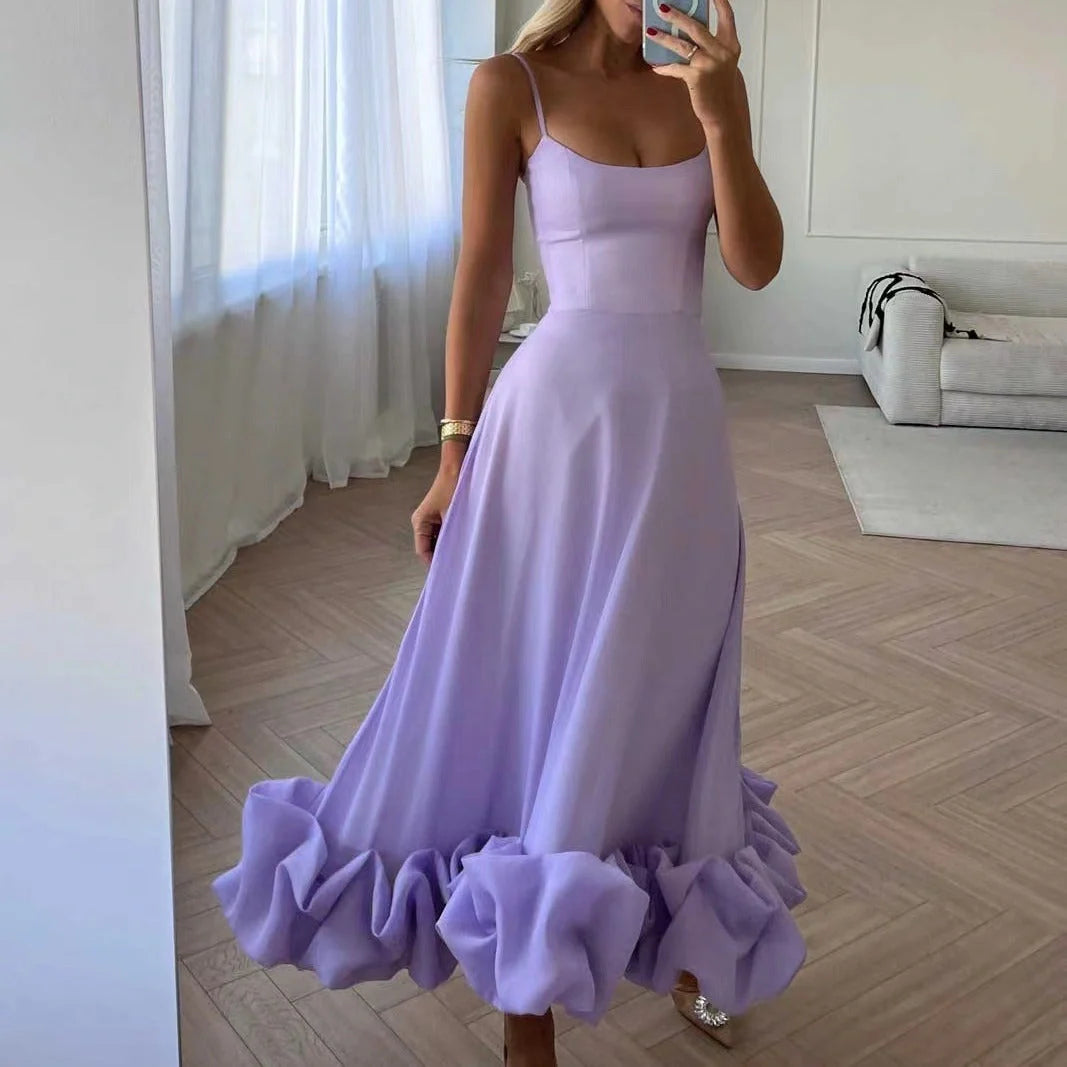 Fashionable chiffon dress with floral design, adjustable straps, and flowing A-line silhouette