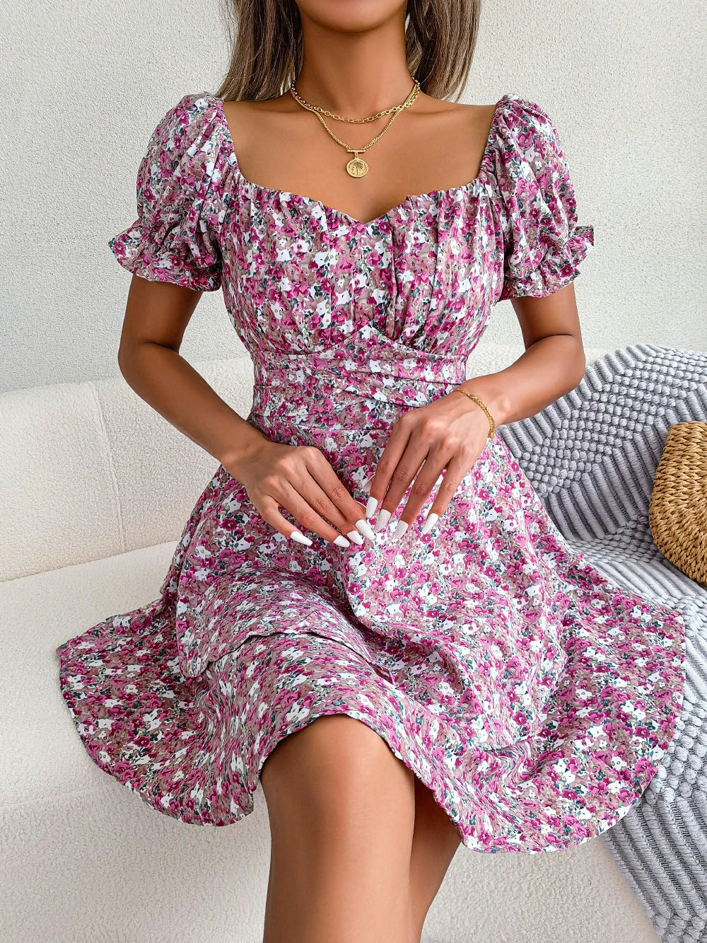 Stylish floral mini dress with A-line silhouette, high waist, and ruffled hem in various vibrant colors