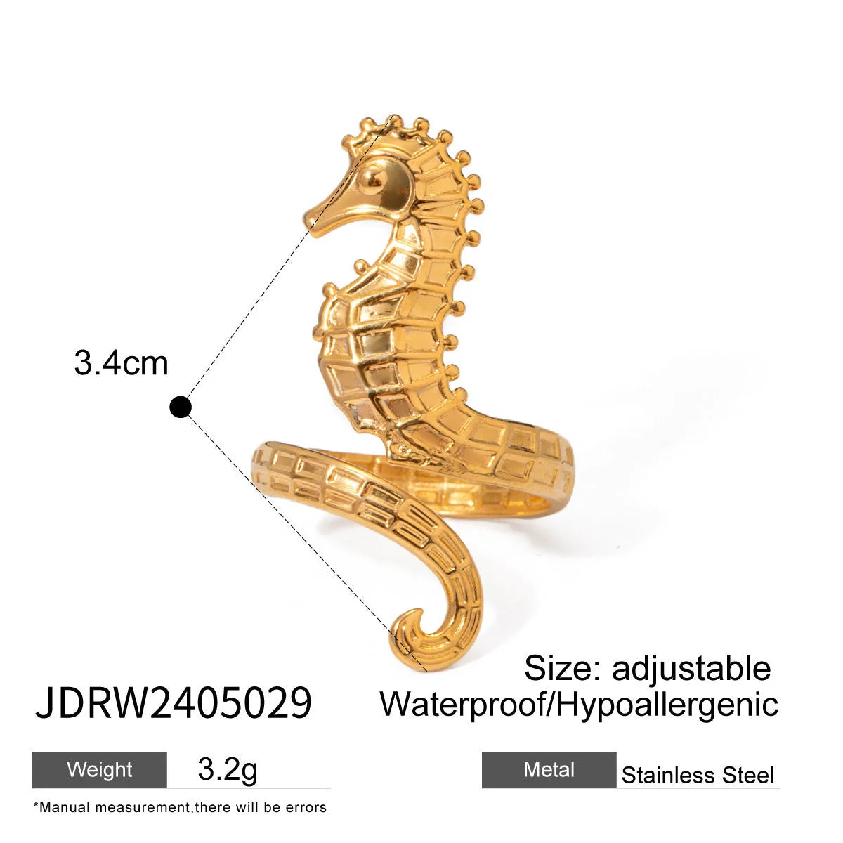 Elegant 18K gold plated seahorse ring for women, ocean themed jewellery