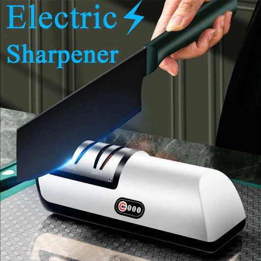 Premium electric knife sharpener with clear, soft-touch surface and precision grinding design for effortless blade sharpening