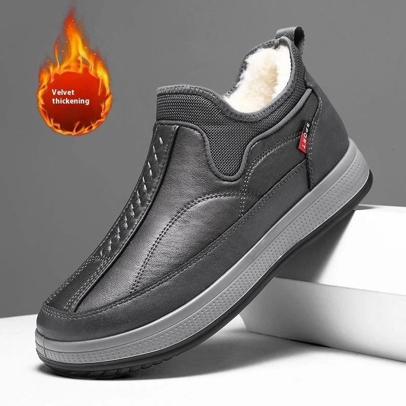 Cozy winter snow boots with round-toe design, non-slip platform, and warm fleece lining in black and grey colors