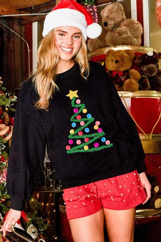 Cozy Christmas tree sweatshirt hoodie in black and milky white colors, with a loose, comfortable fit and long sleeves