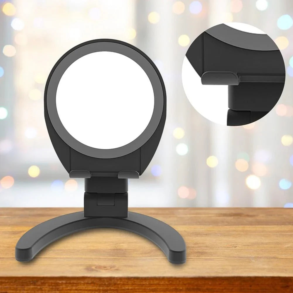 Adjustable makeup mirror phone holder with various angle and color options for hands-free mobile use, grooming, and entertainment.