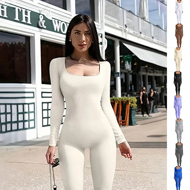 Stylish high-waist yoga jumpsuit with square collar, available in a variety of trendy colors