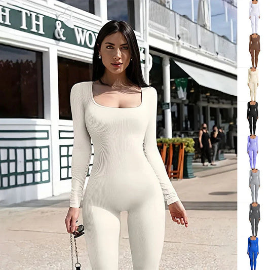 Stylish high-waist yoga jumpsuit with square collar, available in a variety of trendy colors