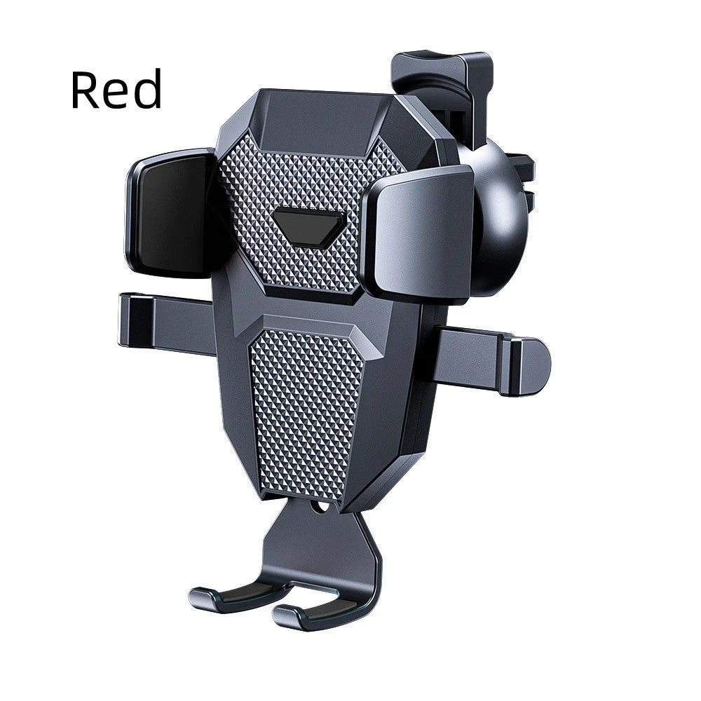 Universal car phone holder attached to air conditioning outlet, holding smartphone securely