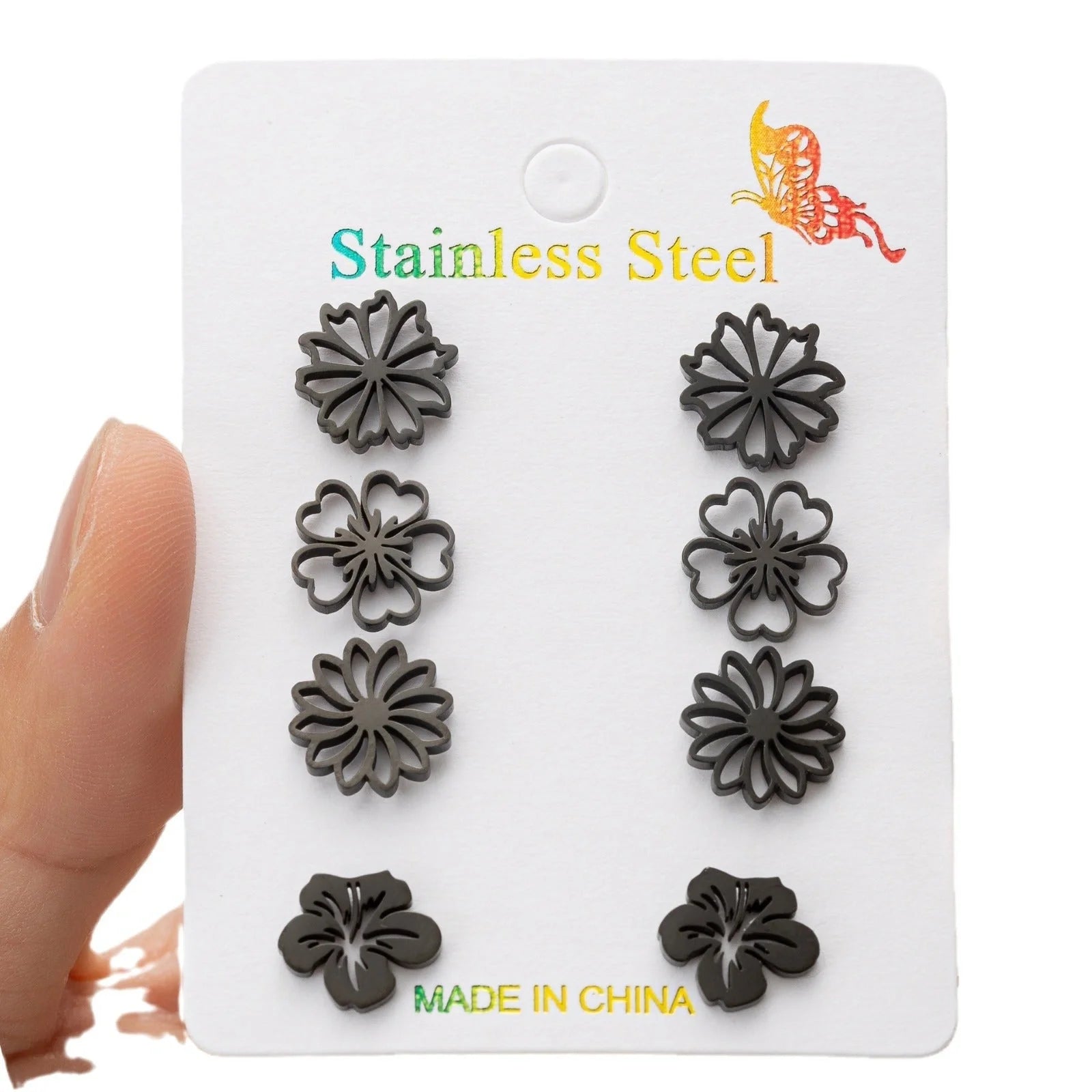 Fashion simulation stud earrings in gold, steel, rose gold, and black