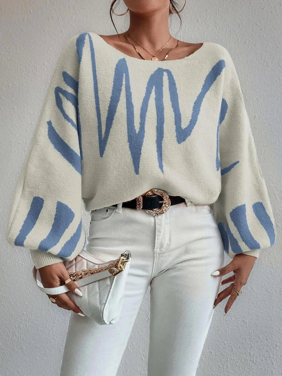 Women's lantern-sleeved pullover sweater with printed design in various colours