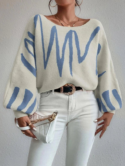 Women's lantern-sleeved pullover sweater with printed design in various colours