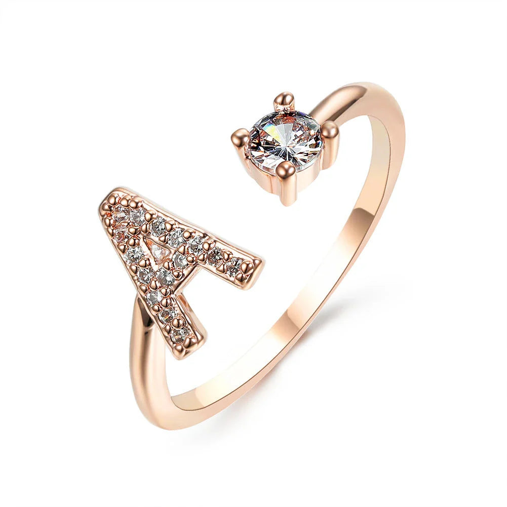 Customizable adjustable ring with 26 letters for women, featuring zircon stones and copper alloy construction