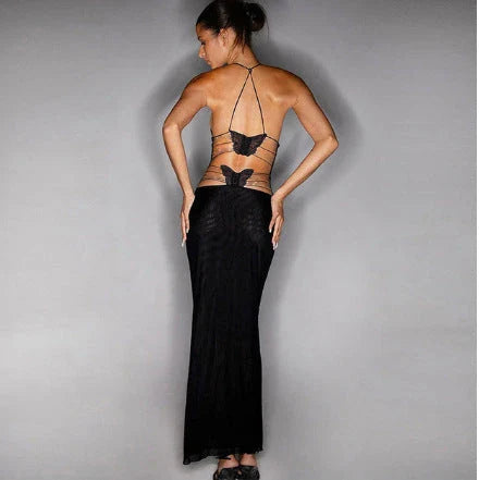 Stylish floral halter dress with spaghetti straps and butterfly back design, available in various vibrant colors