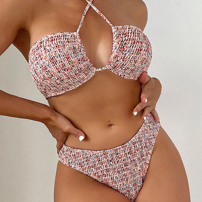 Summer flowers print pleated bikini set with halter neck in pink and blue