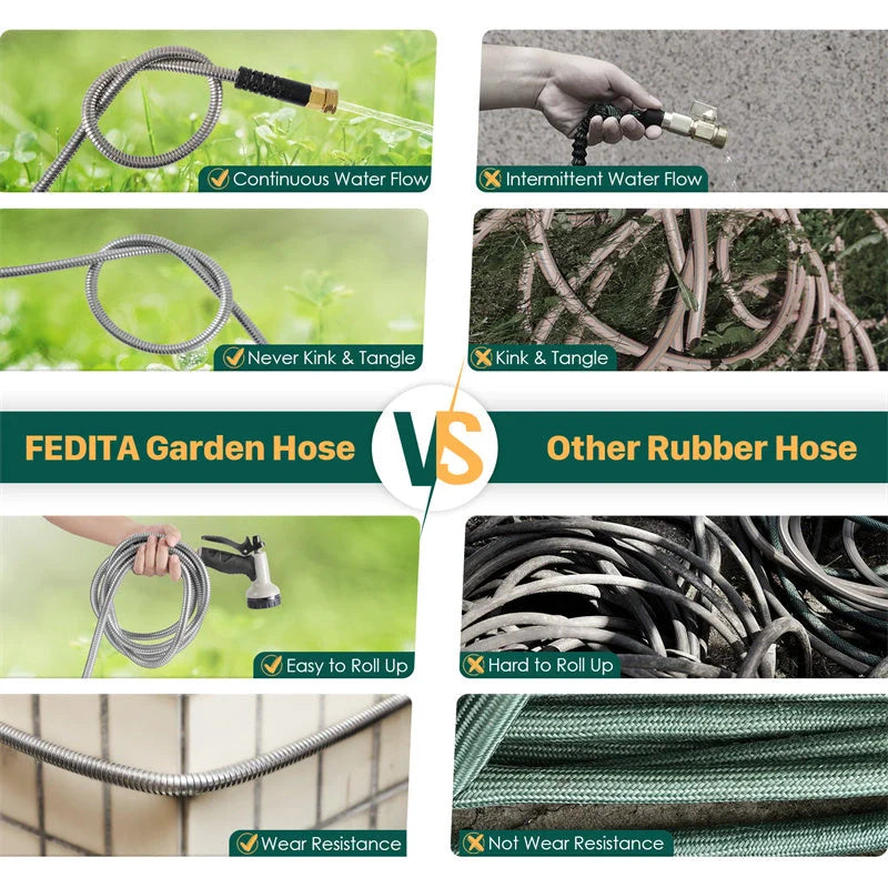 Stainless steel metal garden hose with adjustable spray nozzle, durable and kink-free for easy gardening