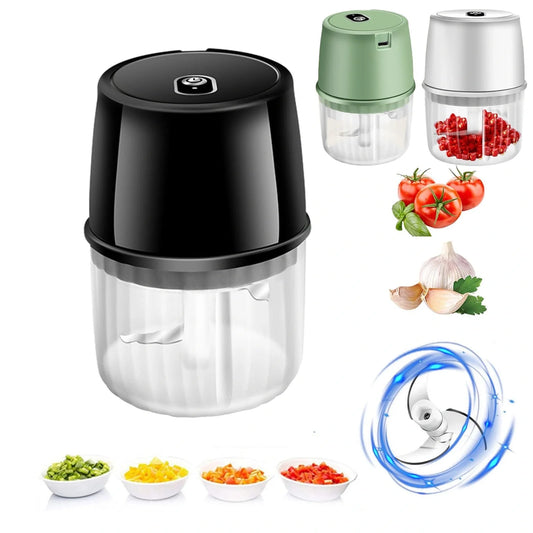 Compact, USB-rechargeable electric garlic chopper with stainless steel blades and detachable design for easy cleaning