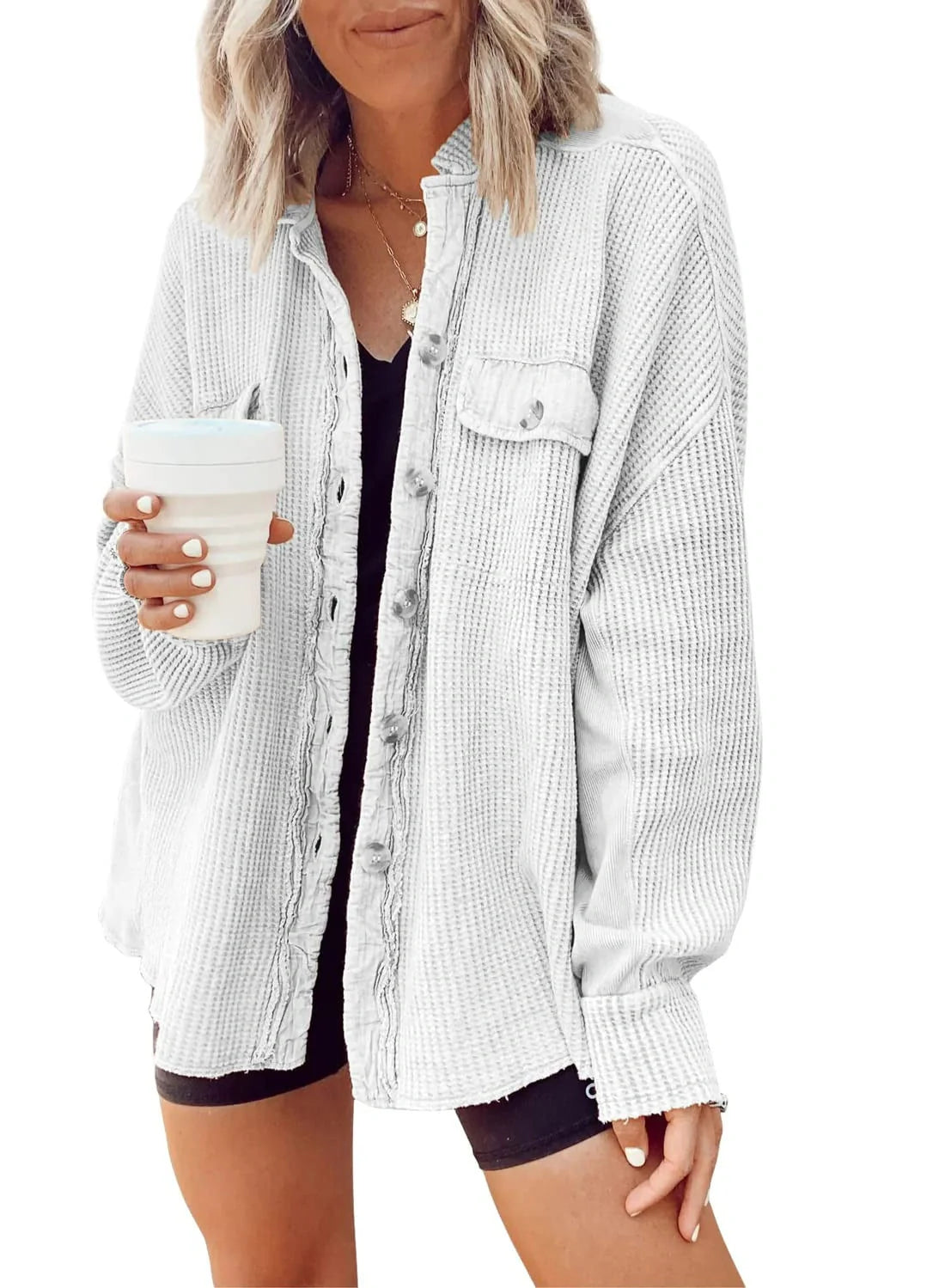 Women's button shirt jacket with lapel and long sleeves in various colours