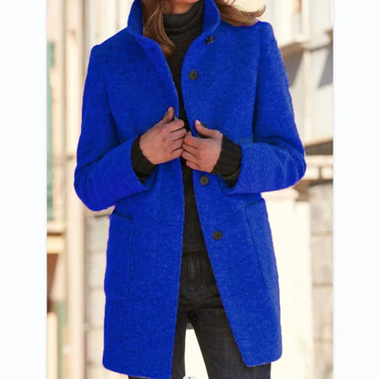 Fashionable wool coat with stand collar and pockets for women's fall/winter outerwear