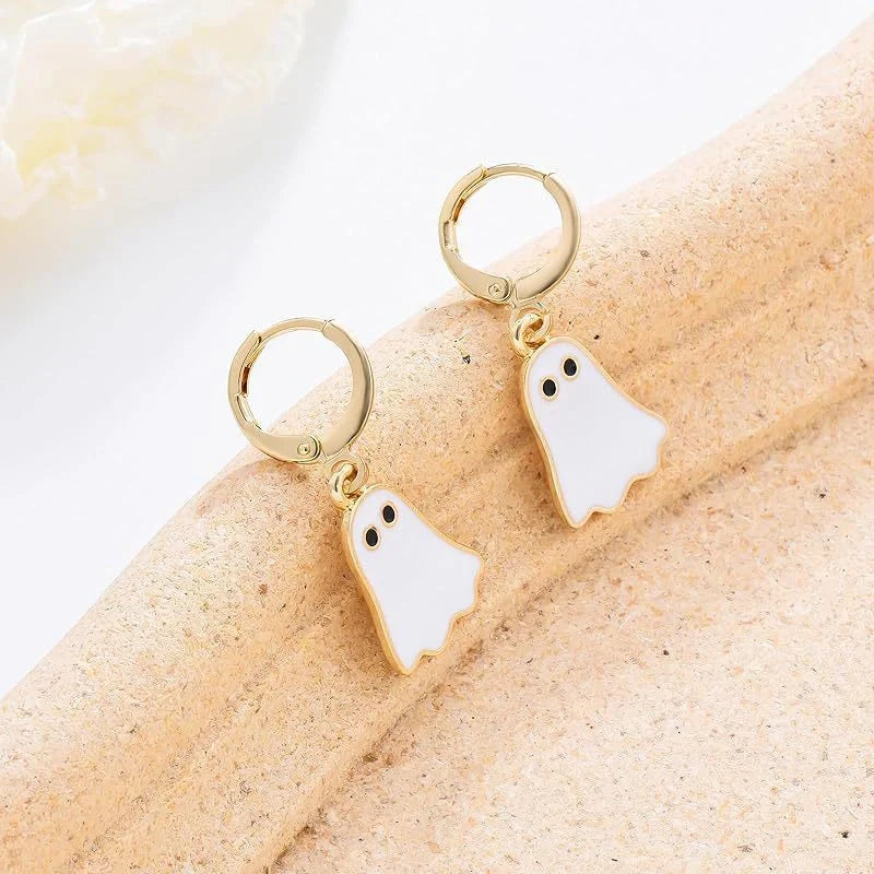 Gold plated Halloween ghost huggie hoop earrings for women, hypoallergenic and stylish