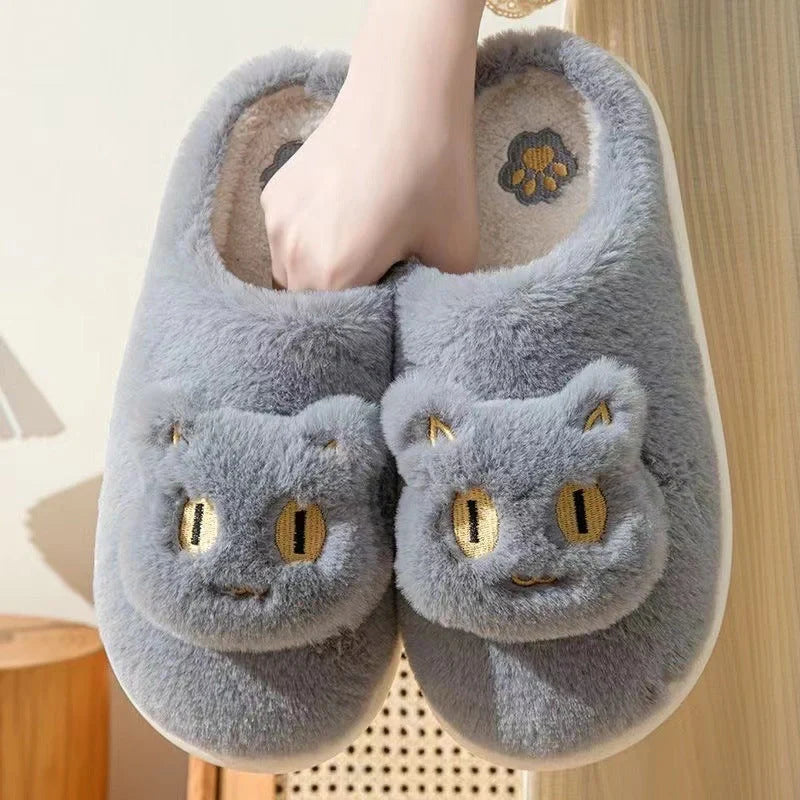 Cotton cat slippers with memory foam insole and cute cat face design
