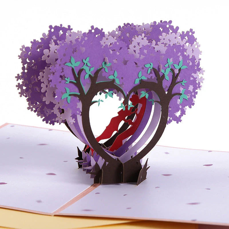 Elegant 3D pop-up wedding and anniversary greeting cards with laser-cut designs in a variety of romantic themes