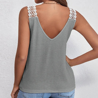 Waffle V-Neck Vest with lace detail, available in light grey, black, pink, brick red, and apricot