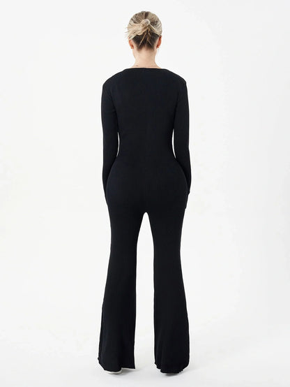 Zippered Round Neck Flared Trousers in black, white, khaki, and brown