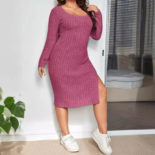 Long sleeve knitted dress with sunken stripe pattern in rose red and light gray