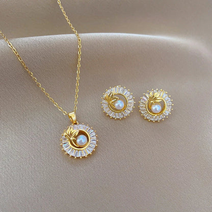 Personalized jewelry set with square pendant, round ring, and leaf-shaped earrings in titanium steel with diamond accents