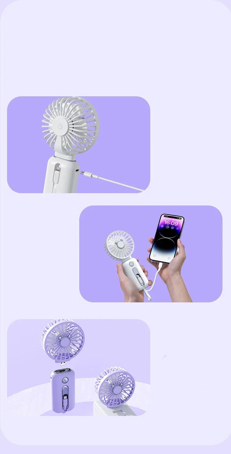 Rechargeable 2-in-1 handheld fan with power bank in various colors - a versatile cooling and charging solution for home, office, and travel