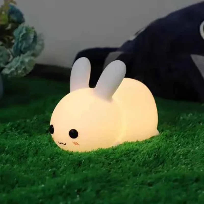 Soft, rabbit-shaped silicone LED night light with dimmable, dual-tone lighting for UK children's bedrooms