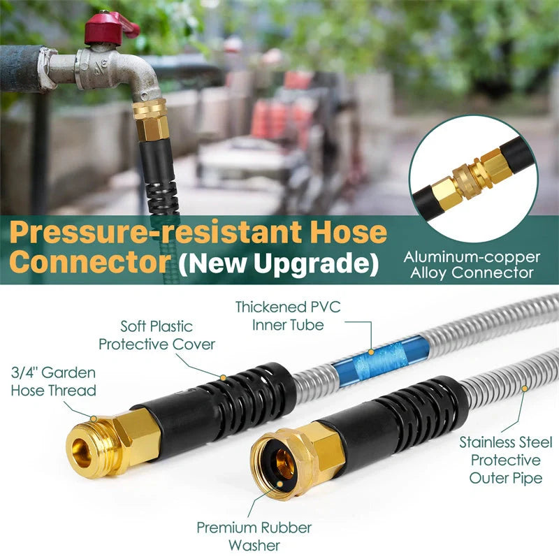 Stainless steel metal garden hose with adjustable spray nozzle, durable and kink-free for easy gardening