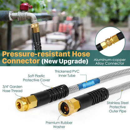 Stainless steel metal garden hose with adjustable spray nozzle, durable and kink-free for easy gardening