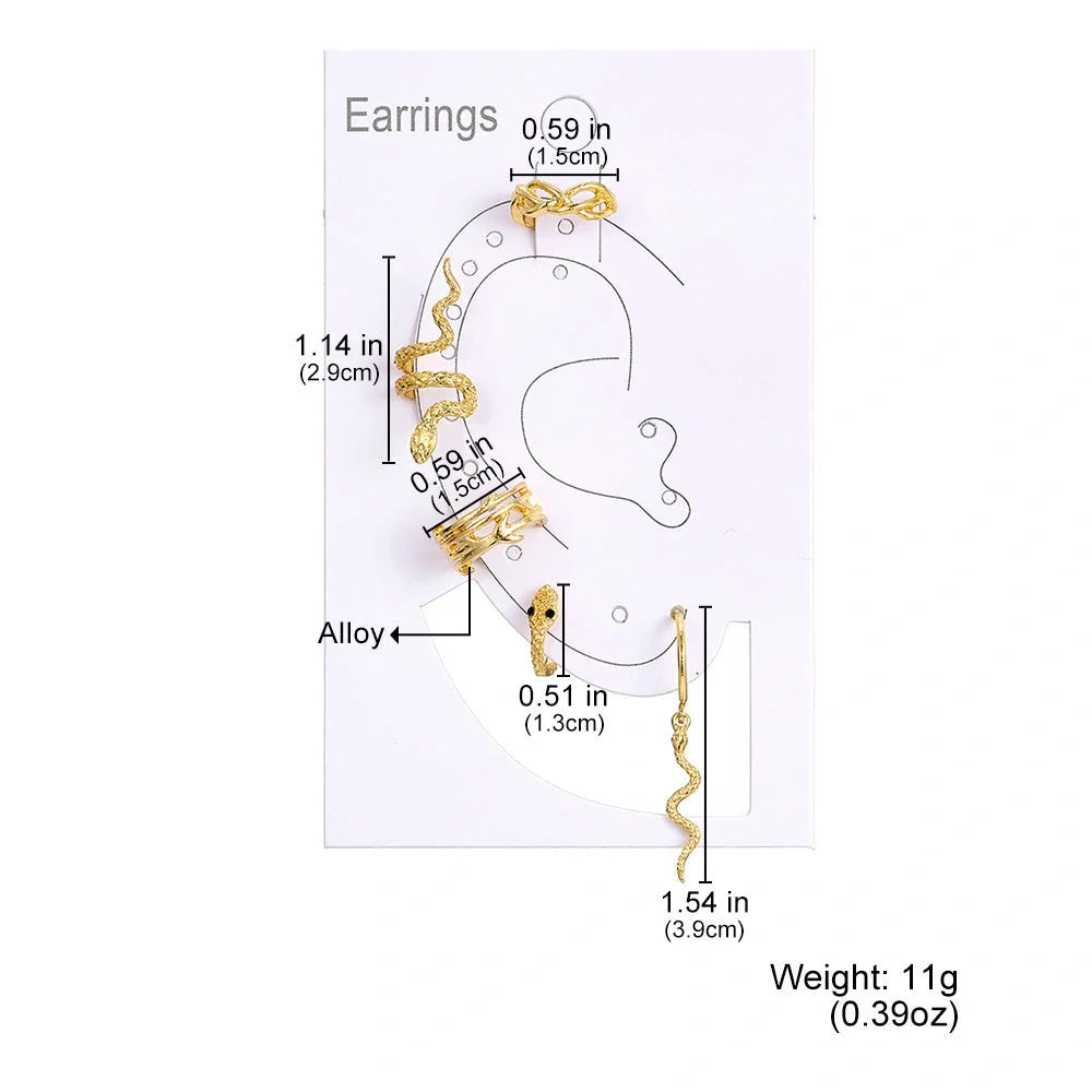 Gold plated snake clip earrings for women, no piercing required, punk style jewellery