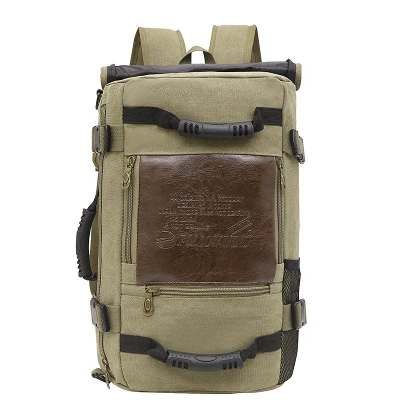 Men's canvas backpack with reinforced handle and multiple pockets