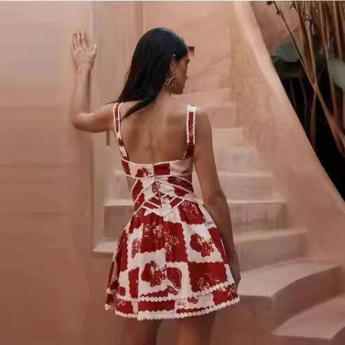 Women's red flower print lace sling dress for summer