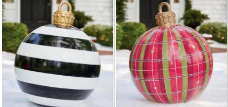 Inflatable Christmas baubles in various festive designs for outdoor holiday decoration