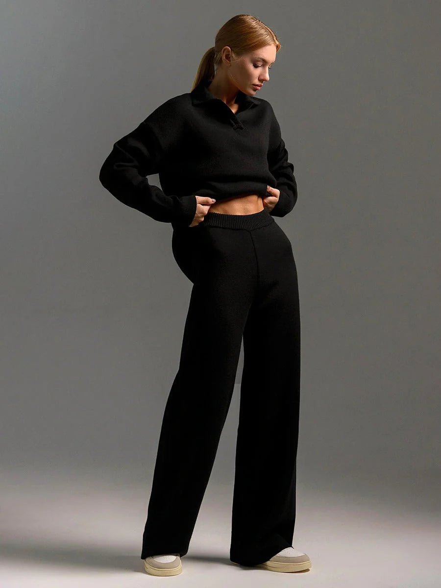 Women's loose collar sweater set in solid colours, made from 100% cotton