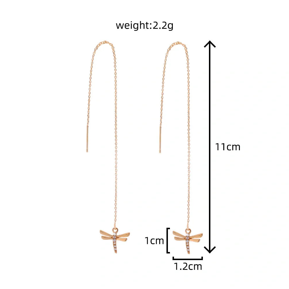 Gold Copper Dragonfly Earrings with Zircon Long Tassel - Elegant Fashion Jewelry