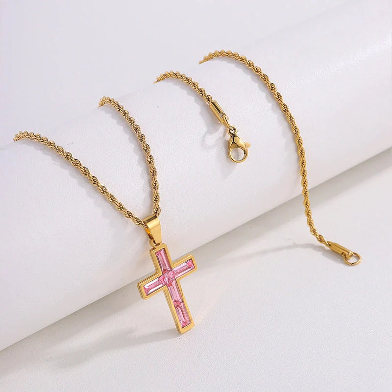 European and American style titanium steel diamond cross necklace with no colour fading