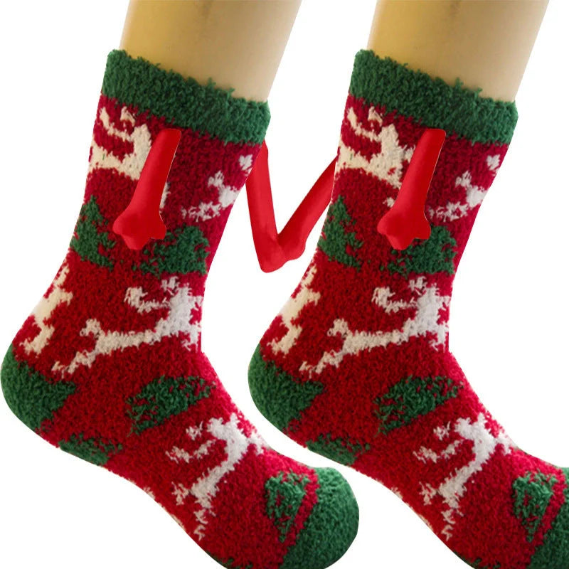 Christmas couple socks with magnetic suction feature for hand holding, festive 3D animal patterns