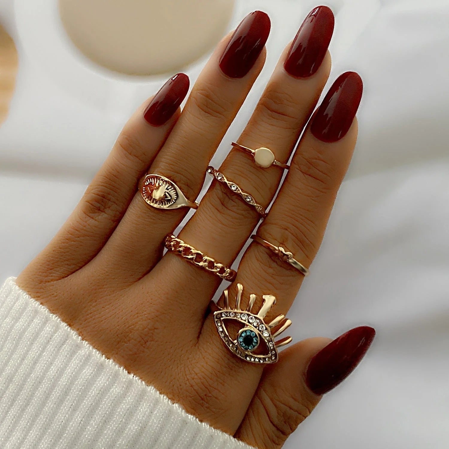 Retro Eye Love Ring Set: 6-Piece Alloy and Crystal Collection