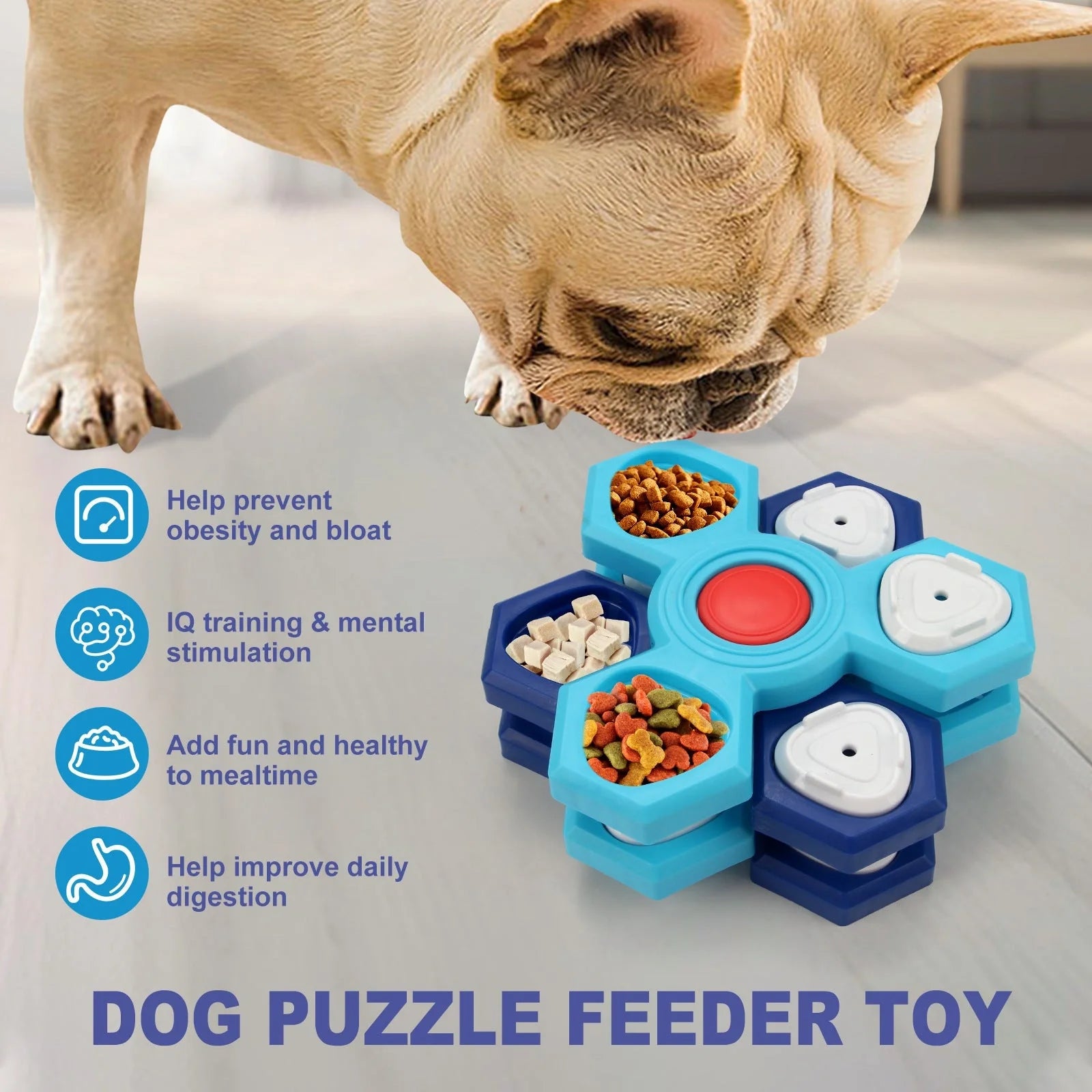 Blue 4-layer slow feeder puzzle dog bowl for controlled eating and mental stimulation