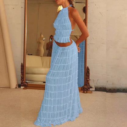 Chic sleeveless backless cropped halter top and pleated maxi dress set in various colors