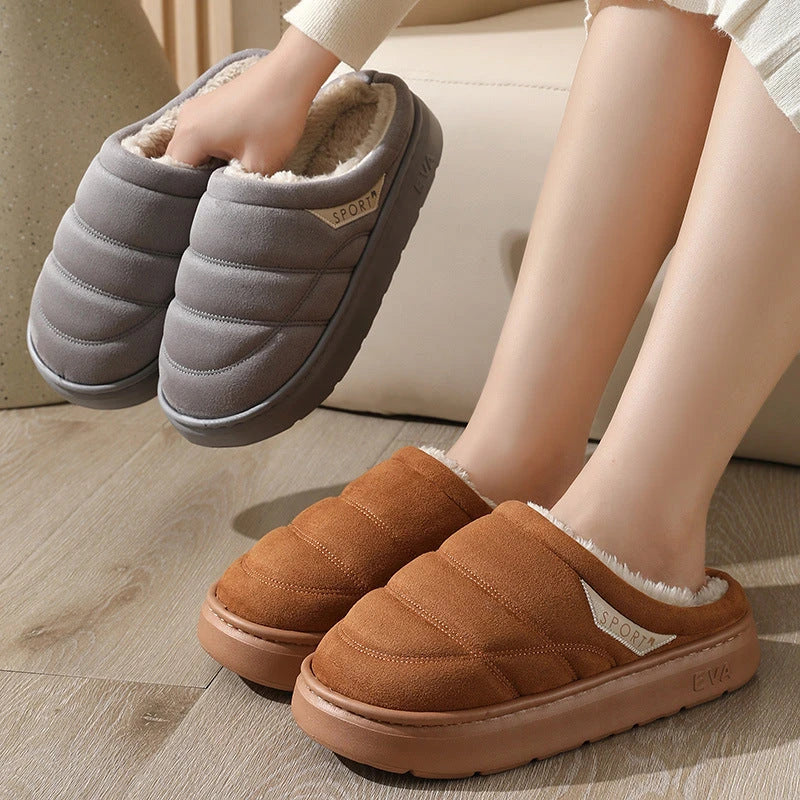 Cozy plush slippers with suede uppers, plush lining, and durable EVA soles for ultimate indoor comfort and warmth