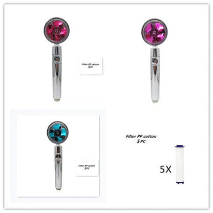 A high-pressure shower head with a stop button, cotton filter, and powerful water pressure for a luxurious bathing experience.