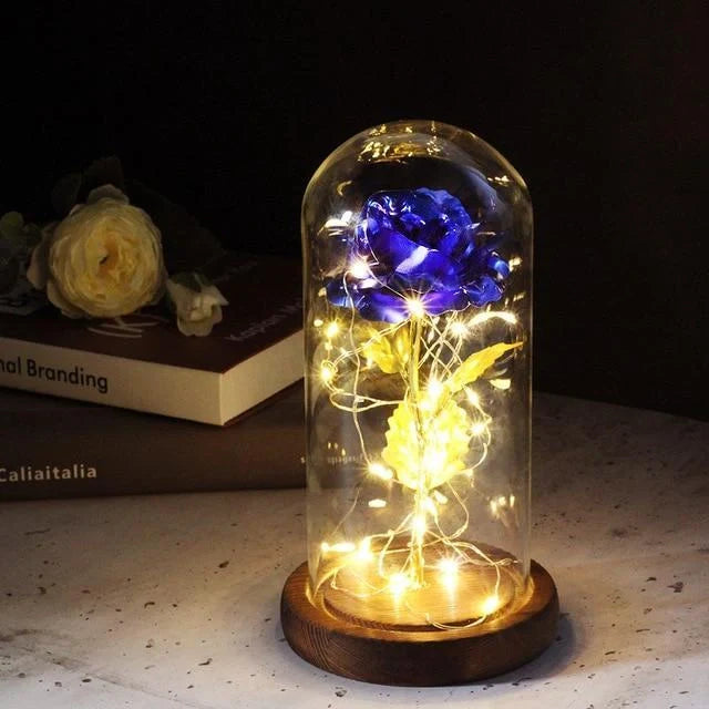 Enchanted Forever Rose in Glass LED Light decoration with realistic rose and wooden base