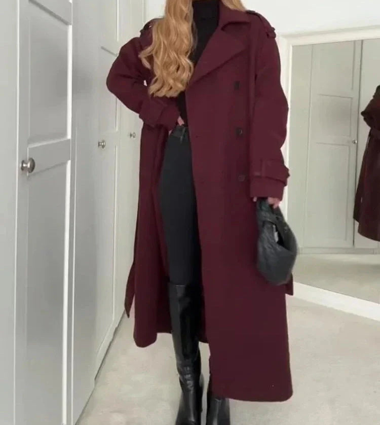 Women's wine red double-breasted woolen trench coat with belt, perfect for winter
