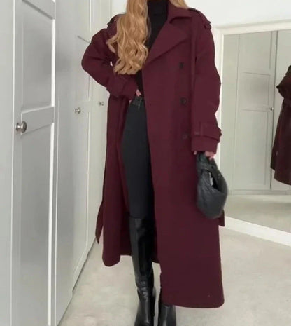 Women's wine red double-breasted woolen trench coat with belt, perfect for winter