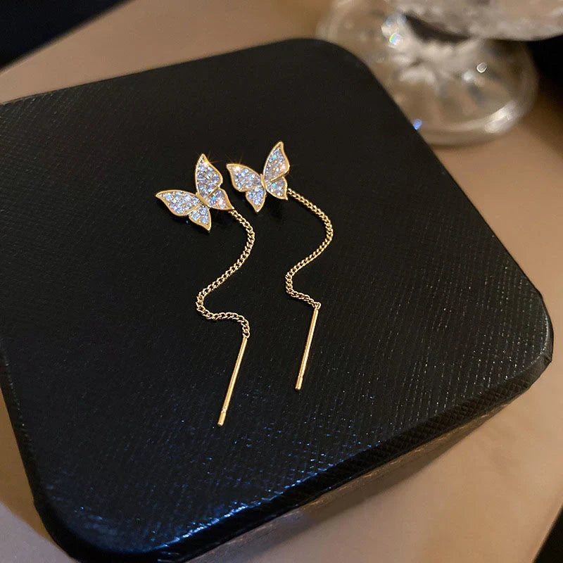 Elegant 925 Sterling Silver Butterfly Tassel Earrings with Delicate Design and Cascading Tassels